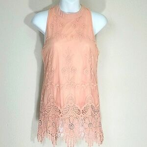 Tunic tank top blush peach Grecian crochet lace embroidery lined longer flowy